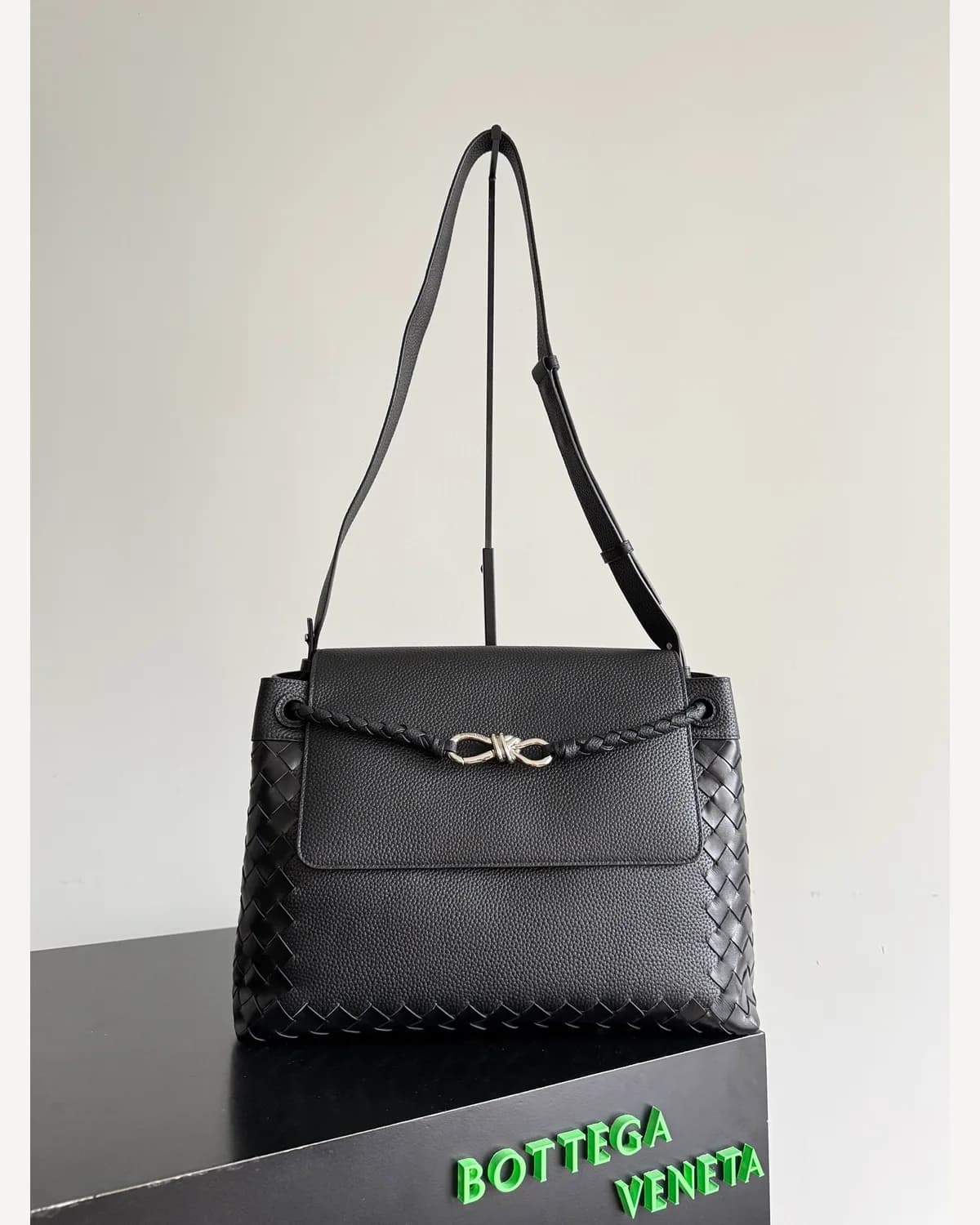 Bottega Veneta Woven Flap Shoulder Bag — Black