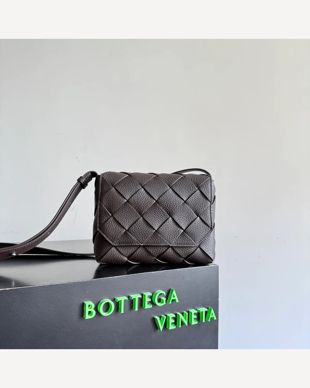 Bottega Veneta Woven Crossbody — Dark Brown