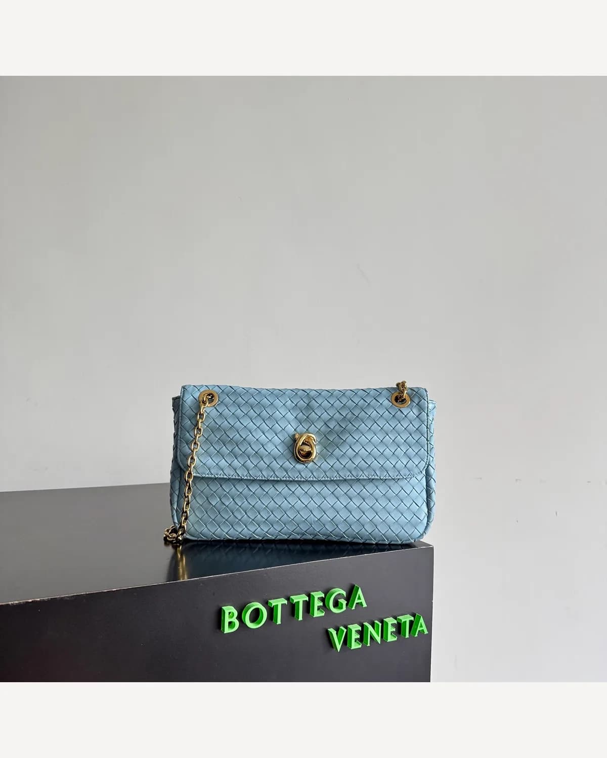 Bottega Veneta Woven Chain Flap — Ice Blue