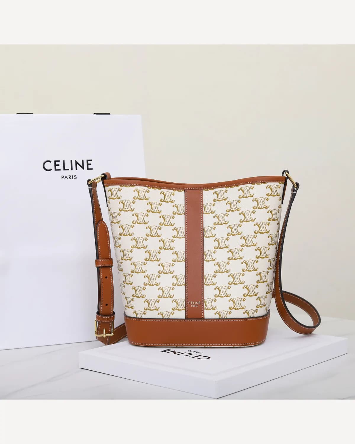 Celine Triomphe Bucket Bag — Cream