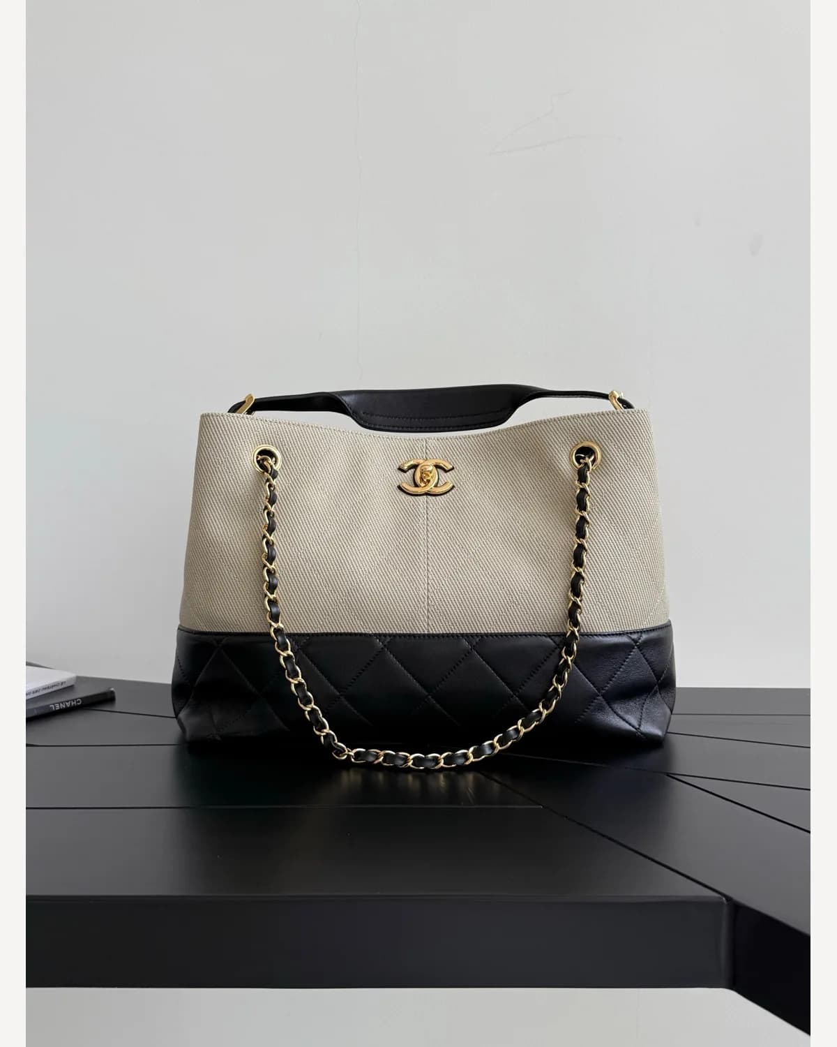 Chanel Canvas & Leather Tote — Cream / Black