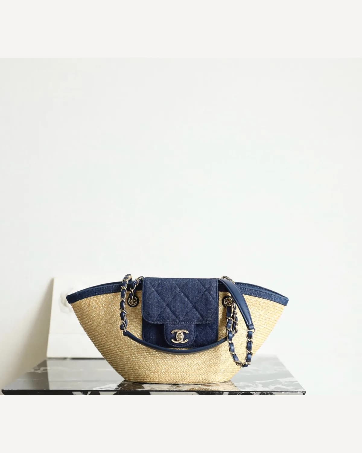 Chanel Raffia Tote — Natural / Navy