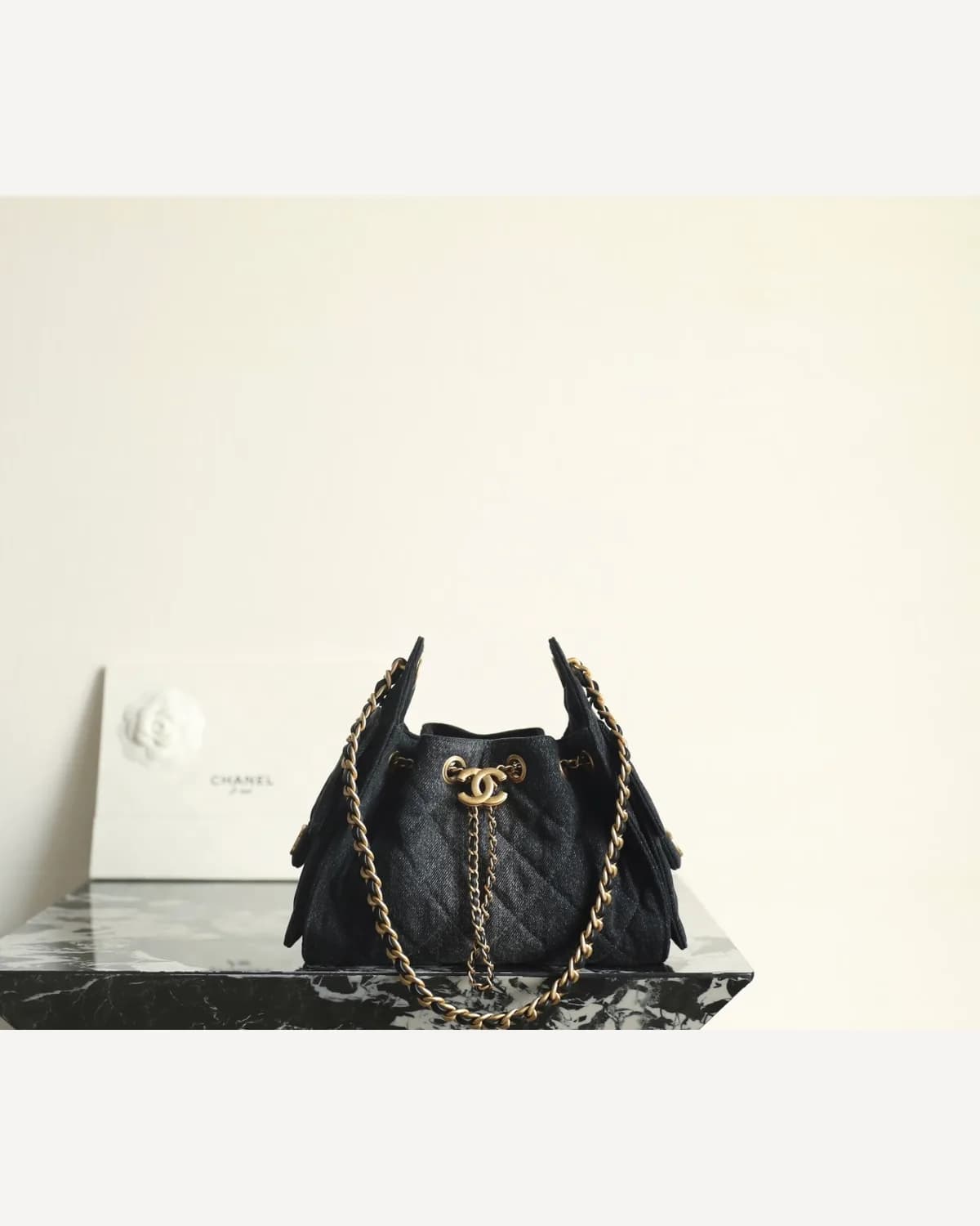 Chanel Drawstring Bucket Bag — Black Denim