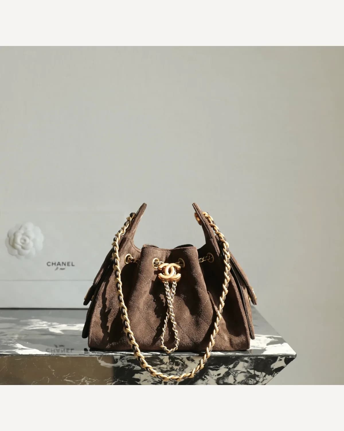 Chanel Drawstring Bucket Bag — Brown Suede