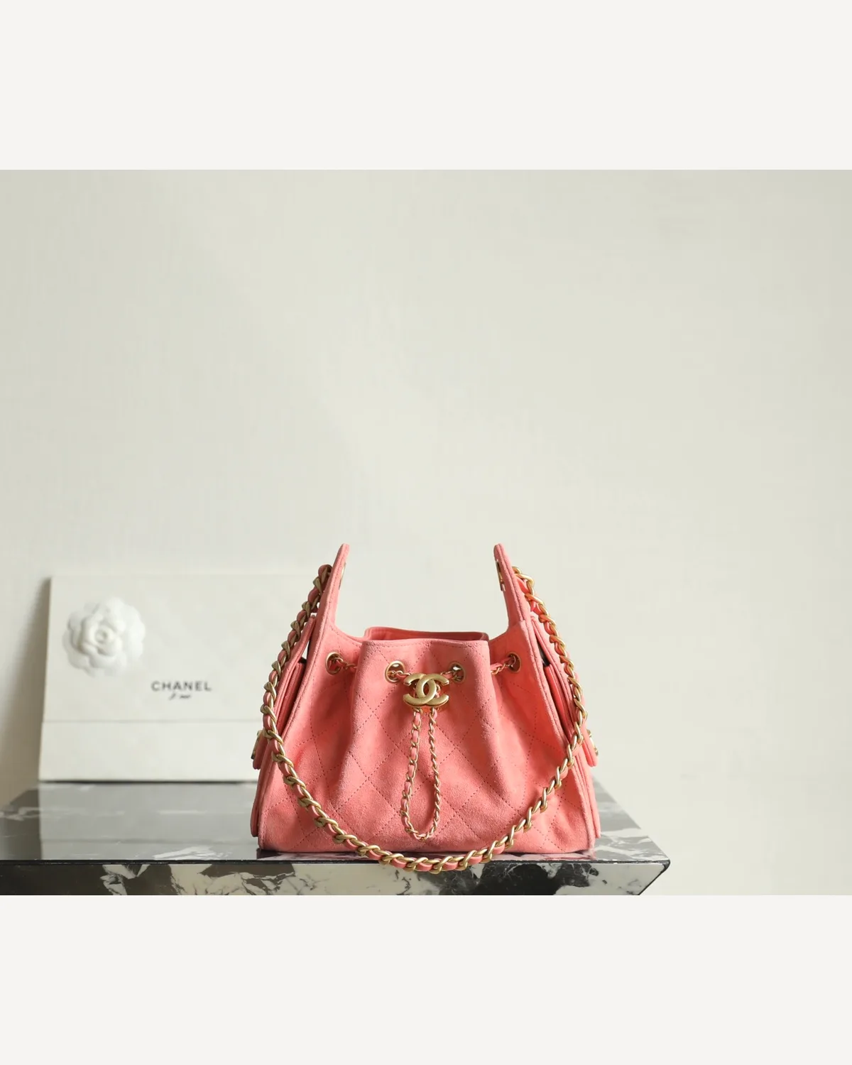 Chanel Drawstring Bucket Bag — Coral Suede