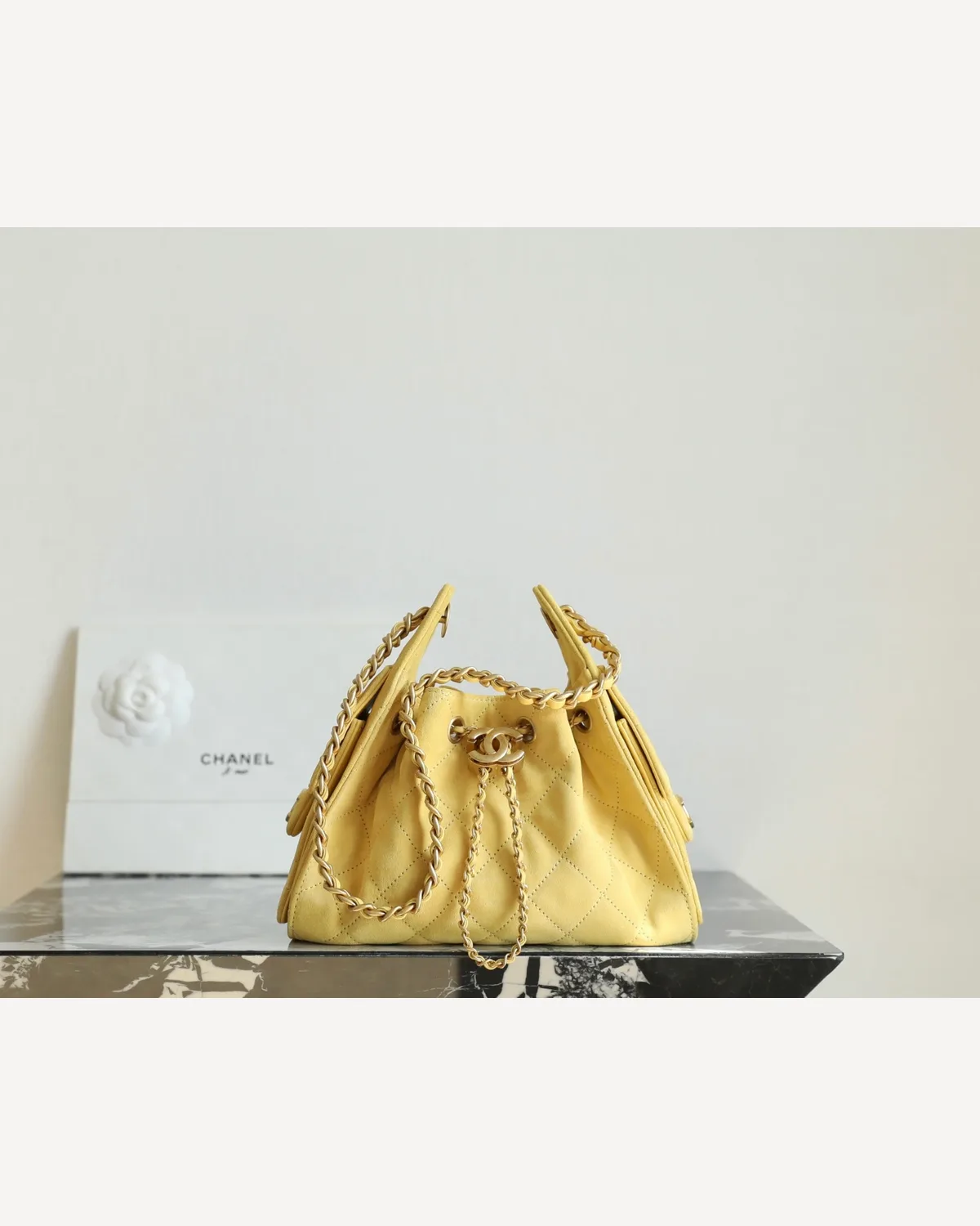 Chanel Drawstring Bucket Bag — Yellow Suede