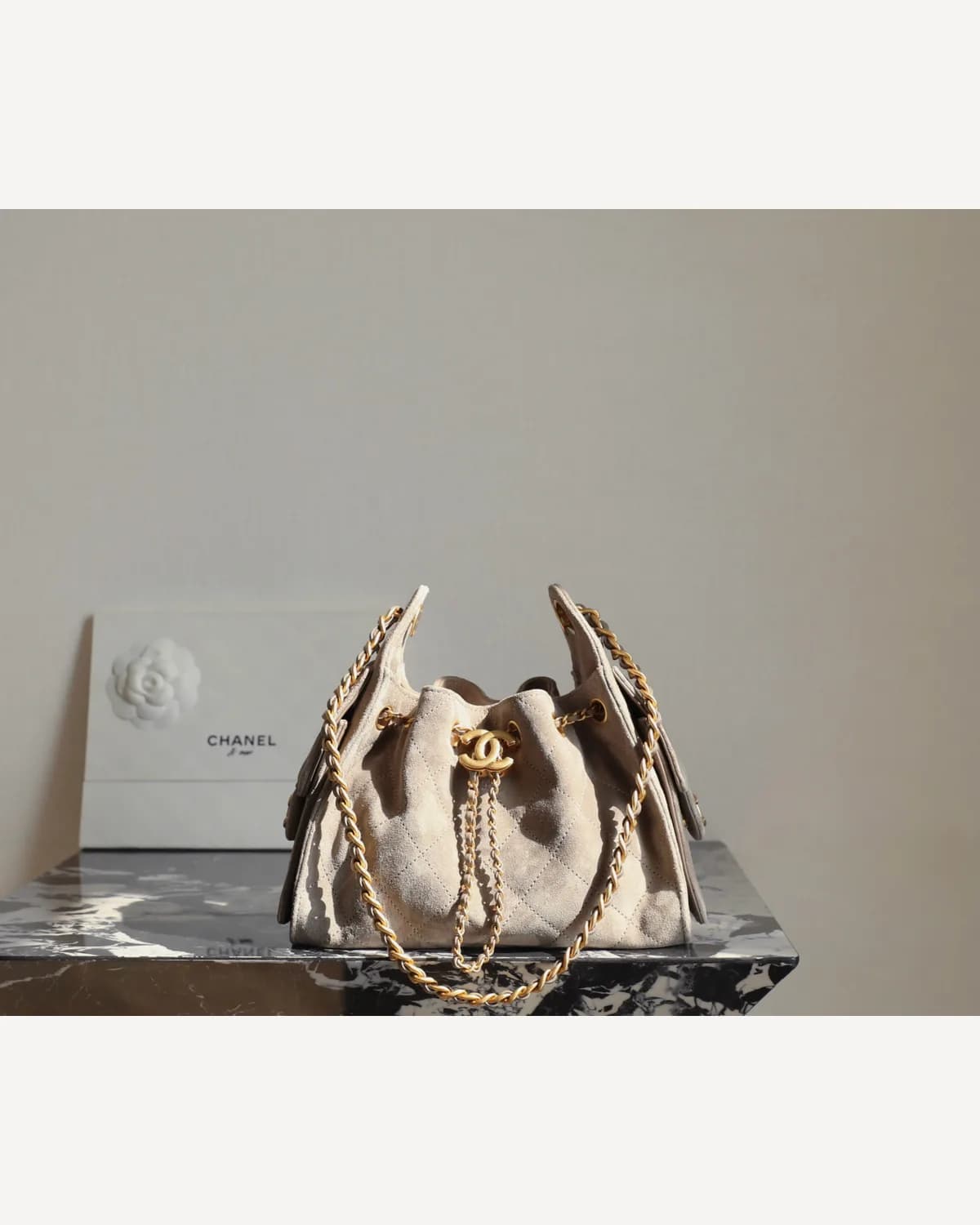 Chanel Drawstring Bucket Bag — Grey Suede