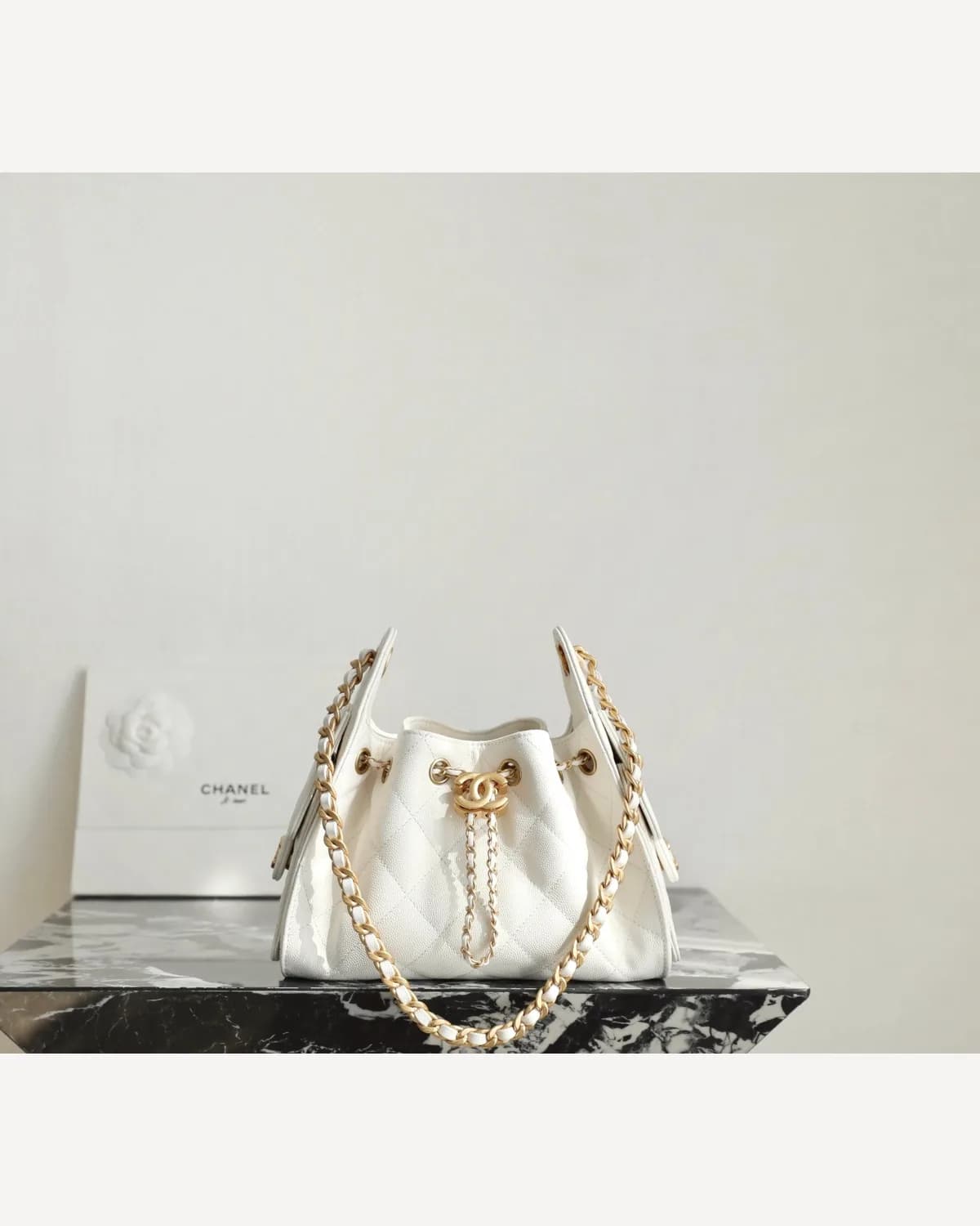 Chanel Drawstring Bucket Bag — White Leather