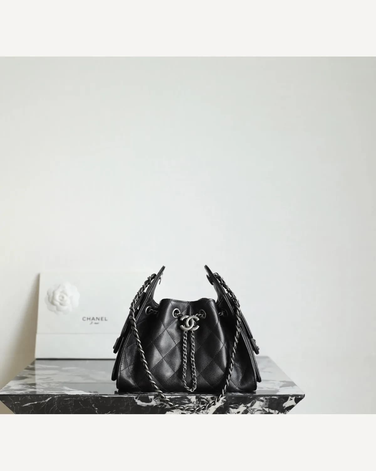 Chanel Drawstring Bucket Bag — Black (Silver Chain)