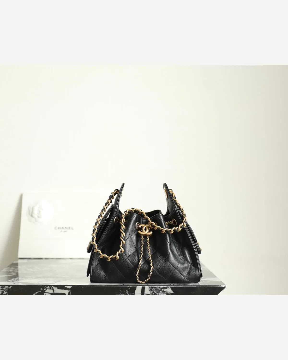 Chanel Drawstring Bucket Bag — Black (Gold Chain)