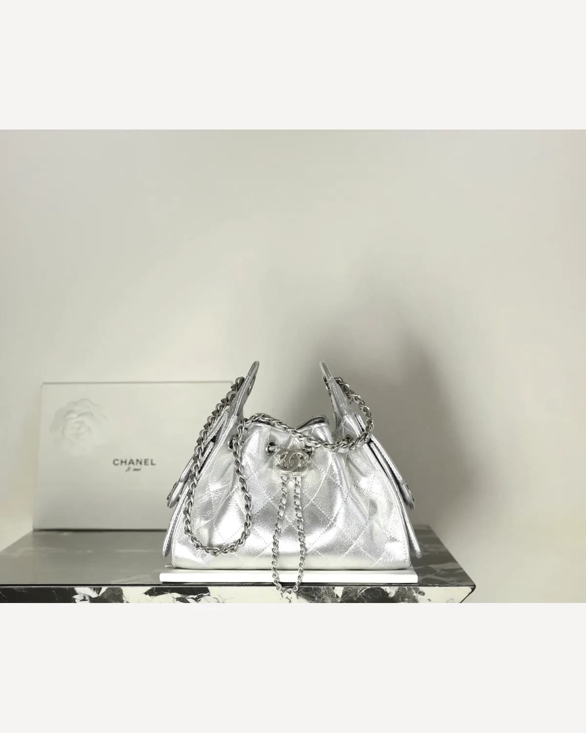 Chanel Drawstring Bucket Bag — Silver