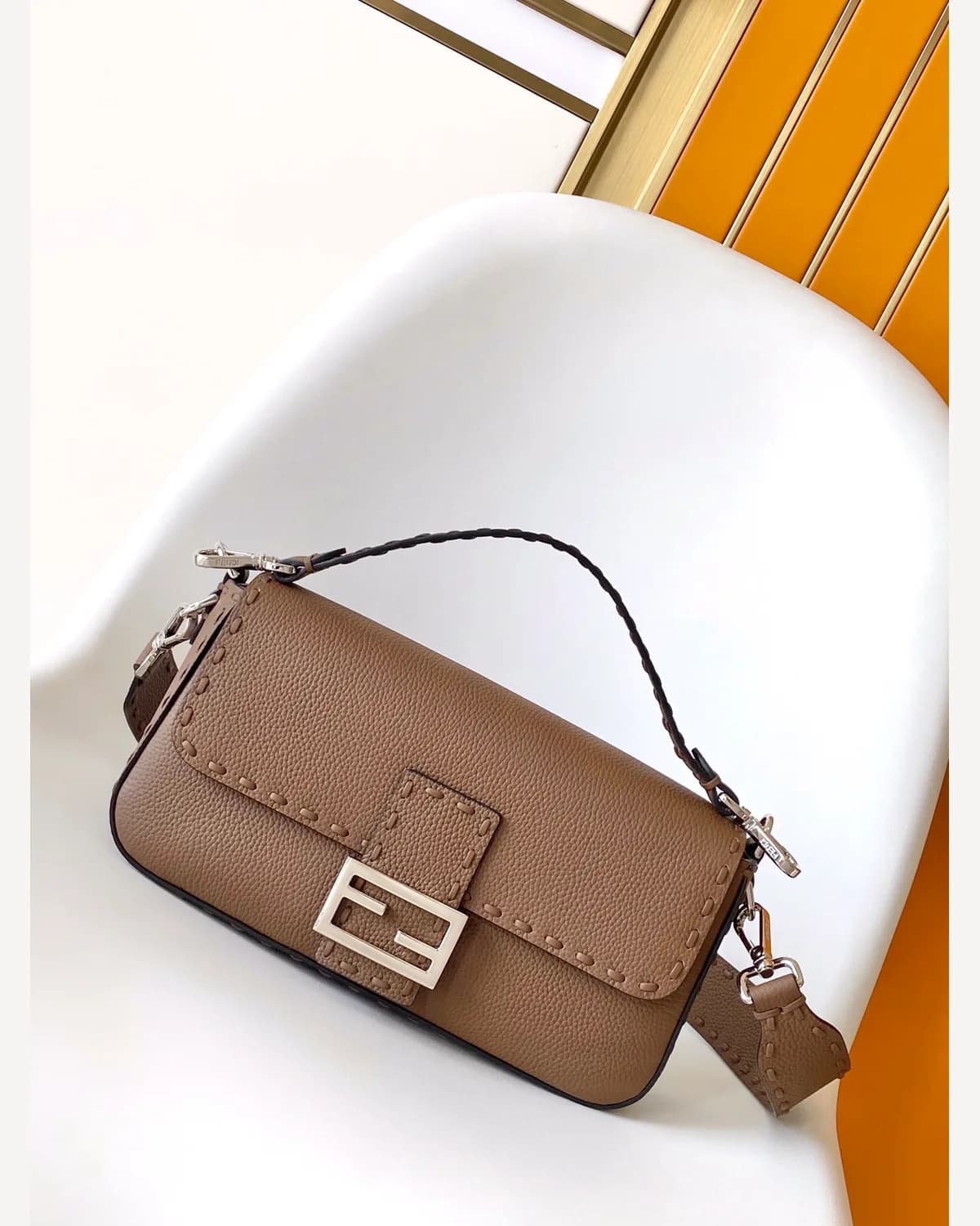 Fendi Baguette Selleria — Taupe (Leather Strap)