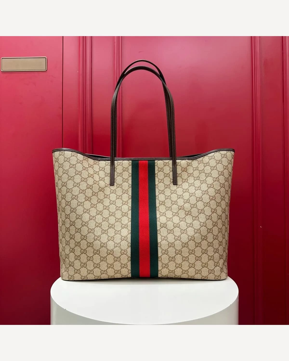 Gucci GG Striped Tote — Beige
