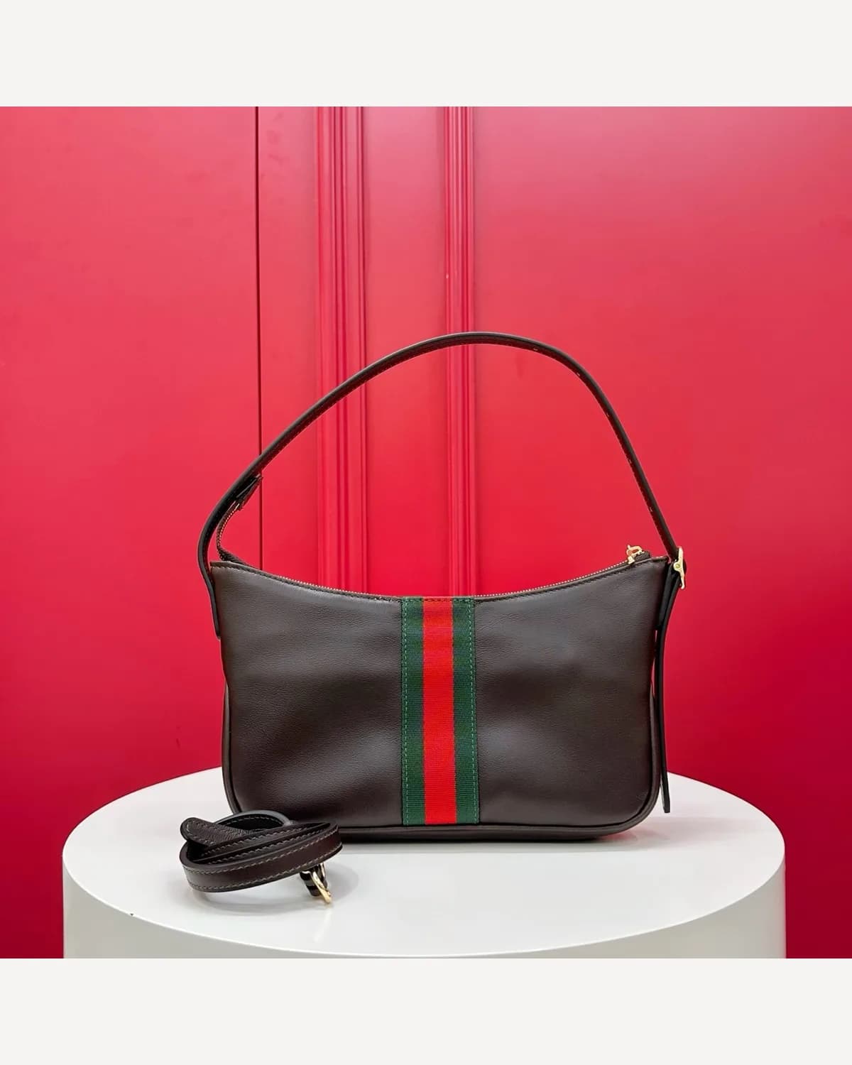 Gucci Striped Leather Hobo — Brown