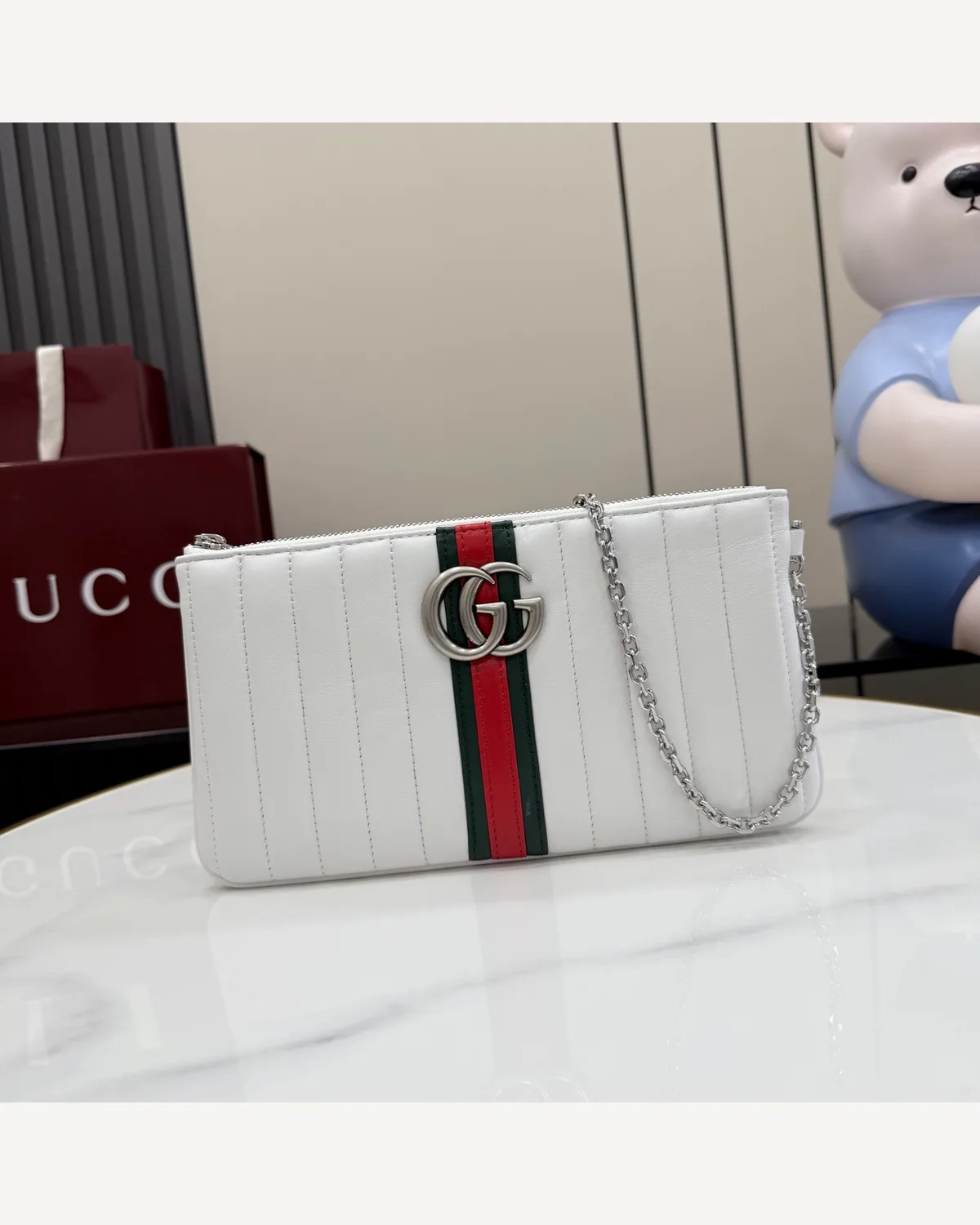 Gucci GG Marmont Clutch — White Striped