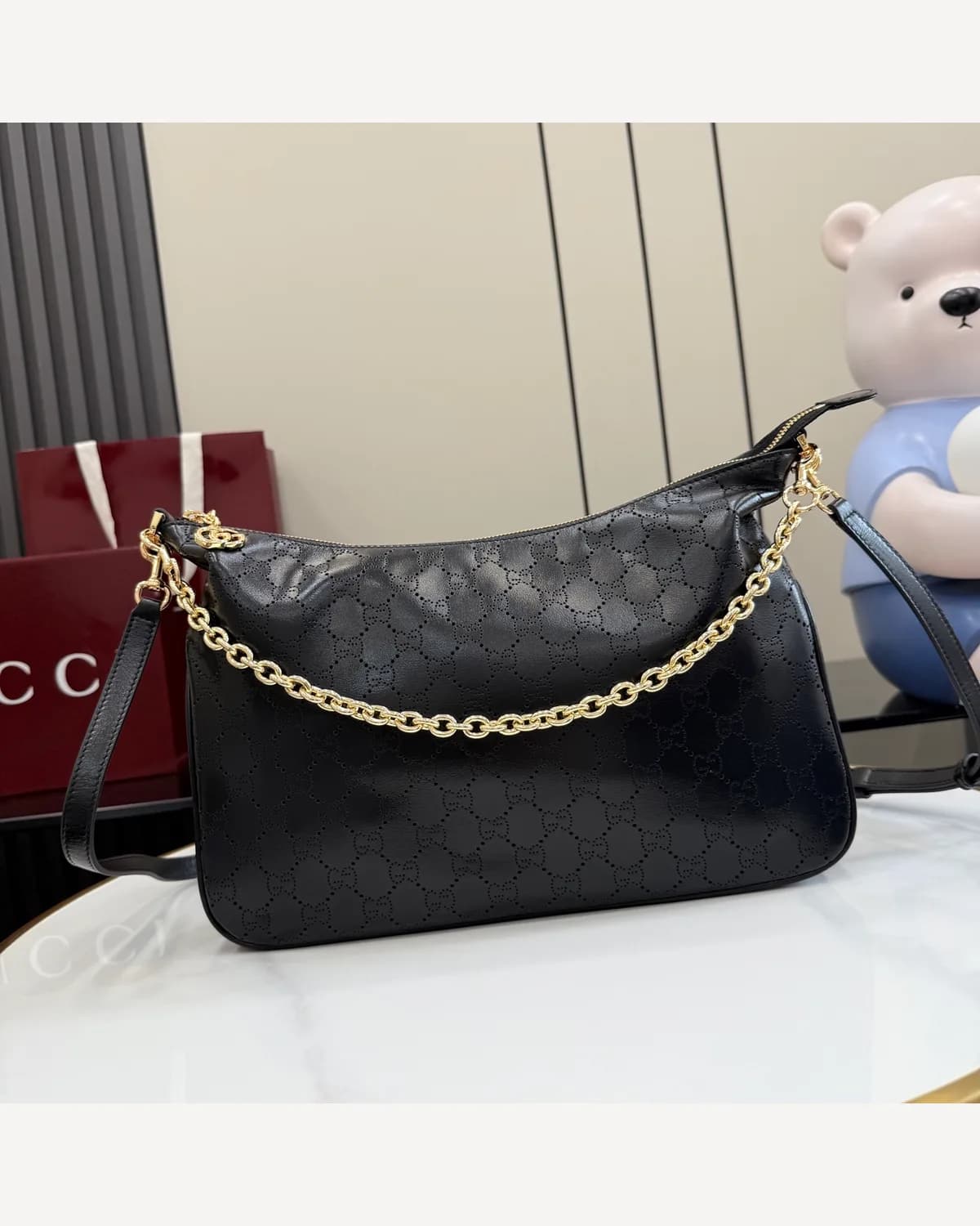Gucci GG Leather Chain Hobo — Black