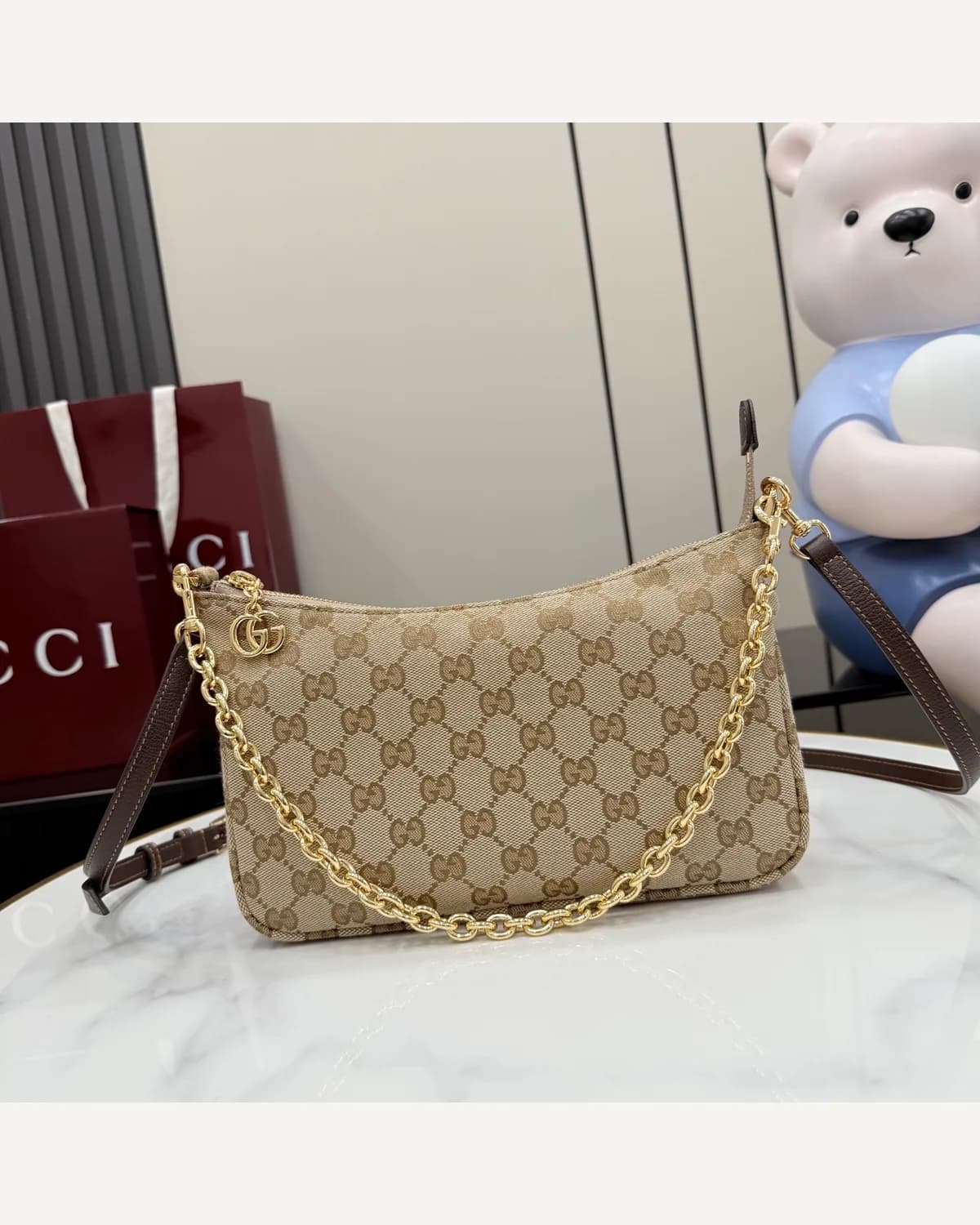 Gucci GG Canvas Chain Hobo Mini — Beige