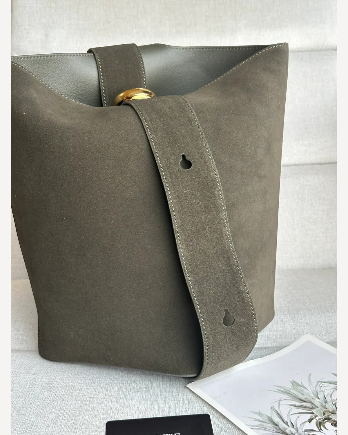 Loewe Pebble Bucket Bag — Grey Suede