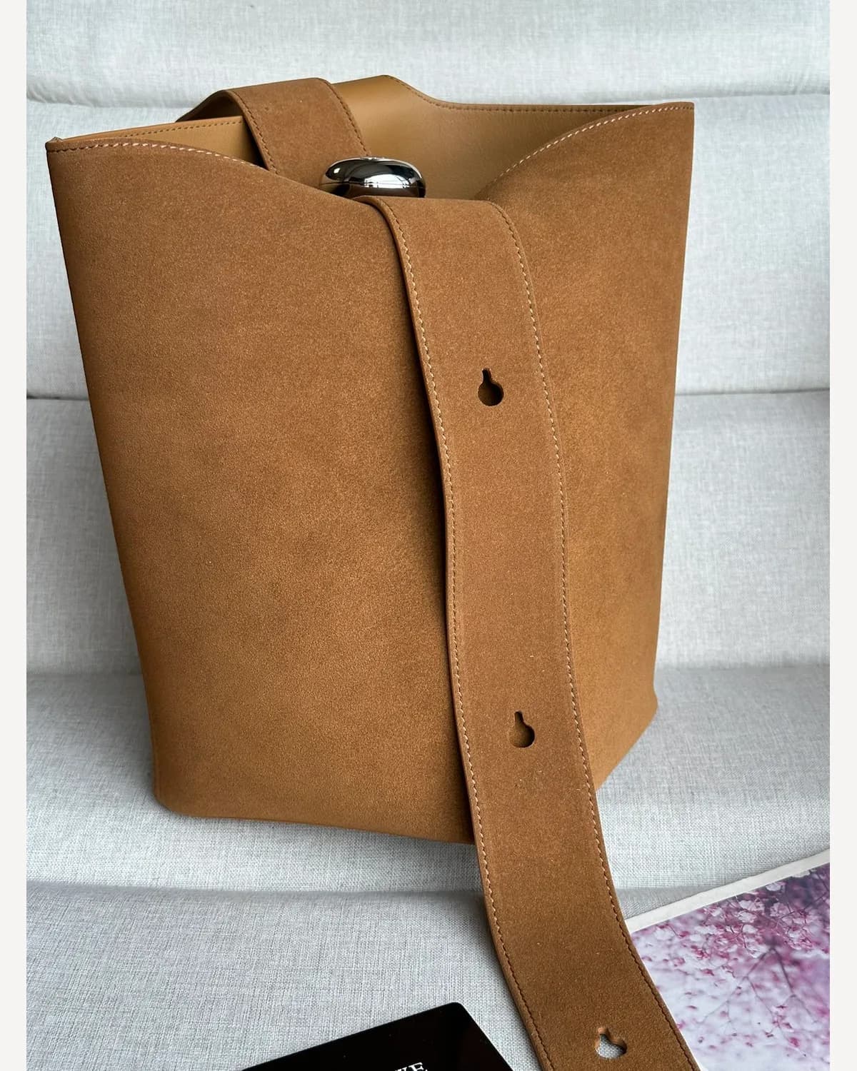 Loewe Pebble Bucket Bag — Tan Suede