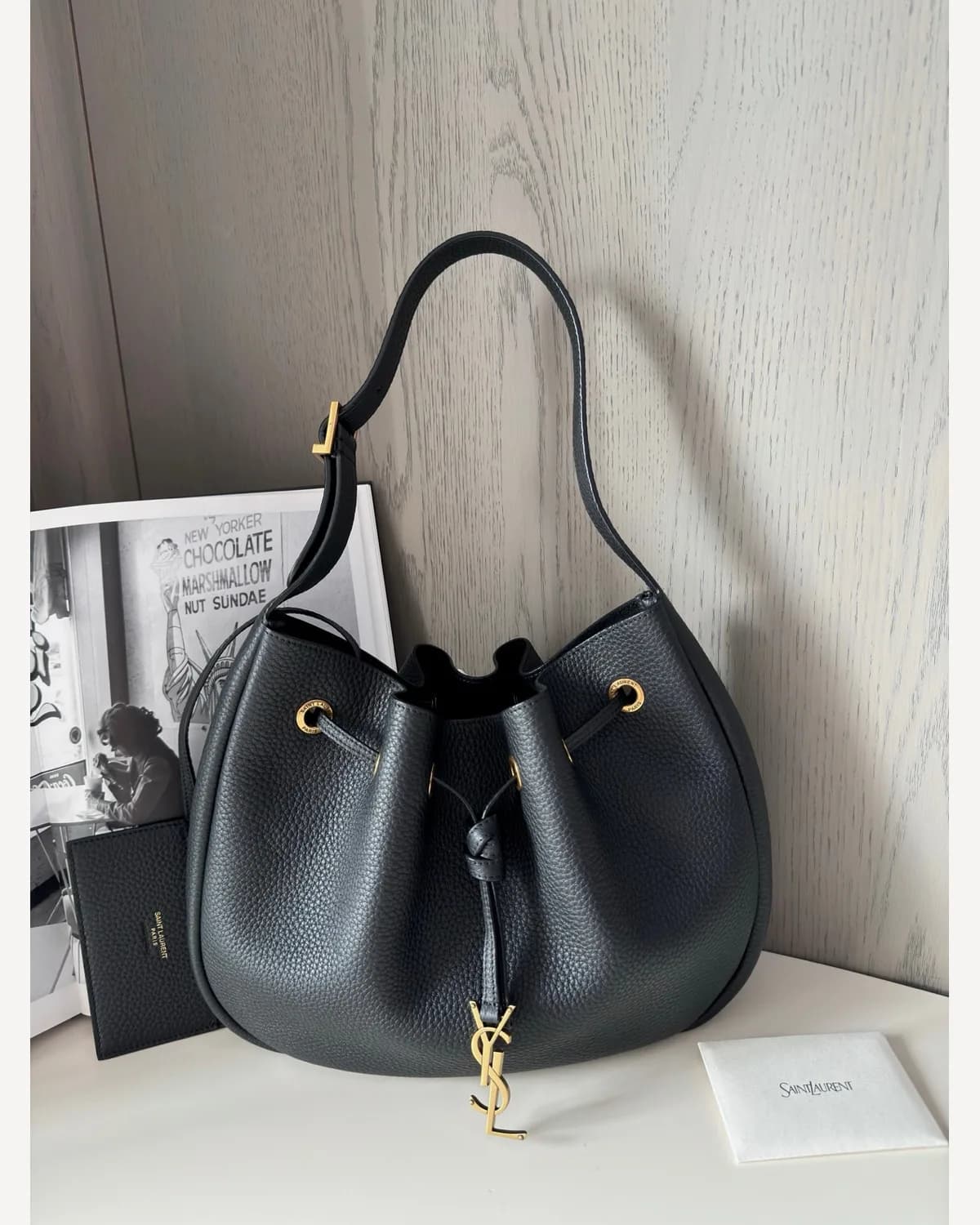 YSL Bucket Bag — Black Grained Leather