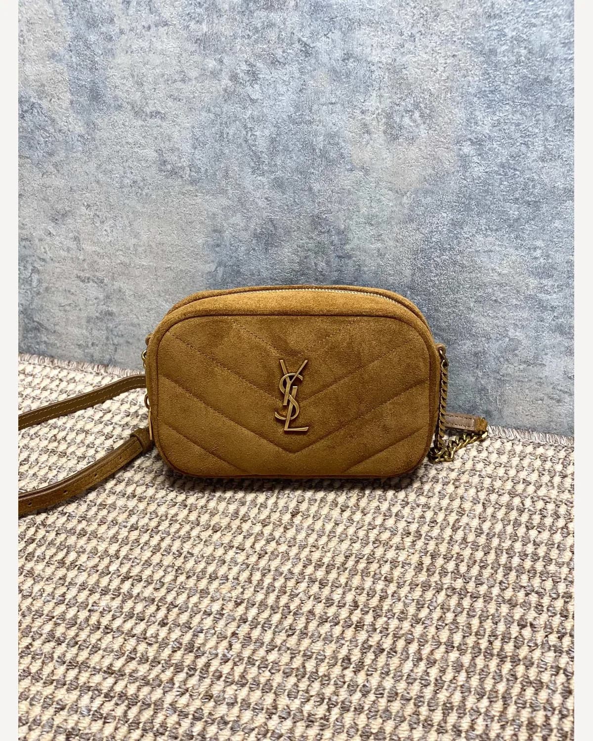 YSL Lou Suede Mini Camera Bag — Tan