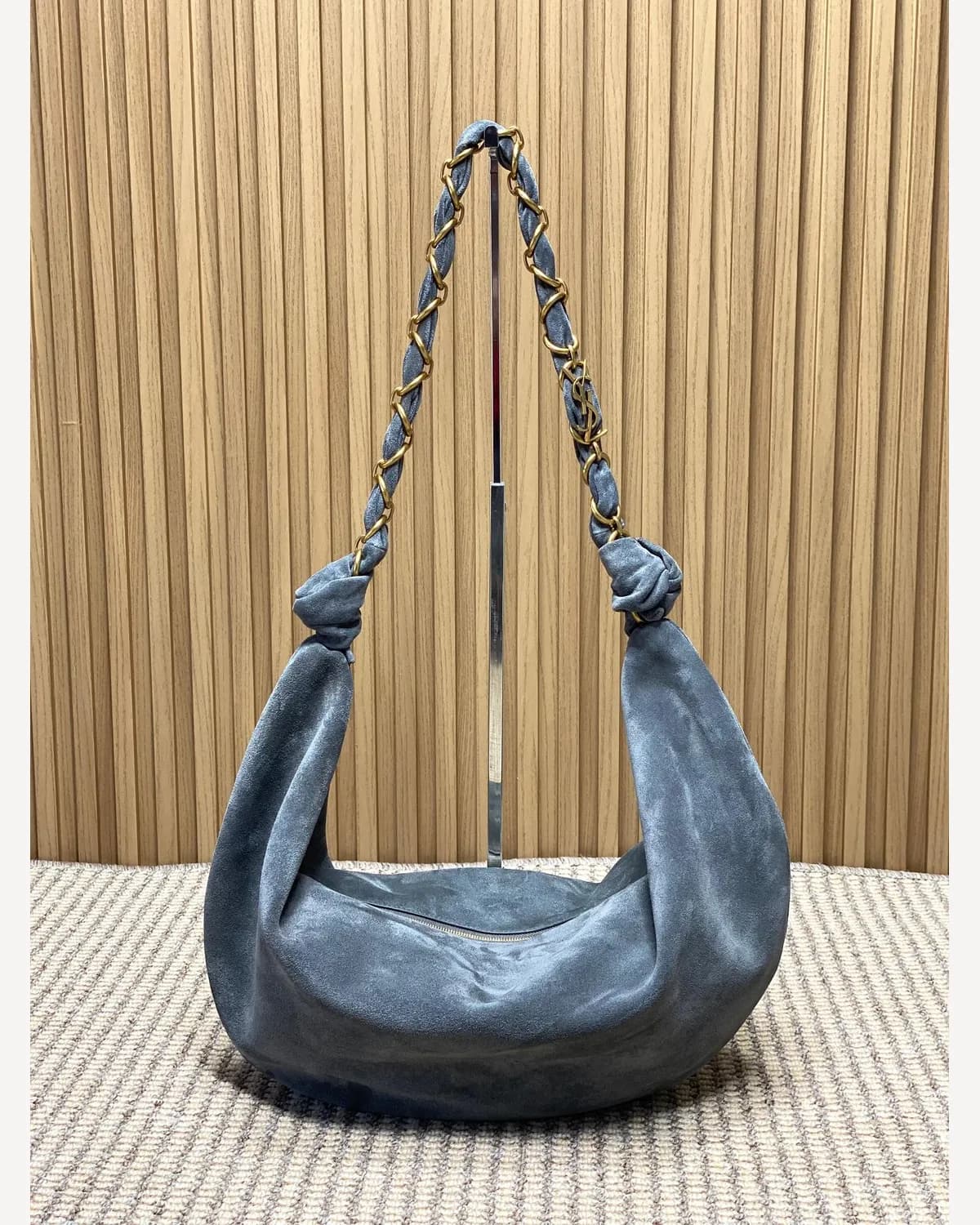 YSL Suede Crescent Hobo — Blue Grey