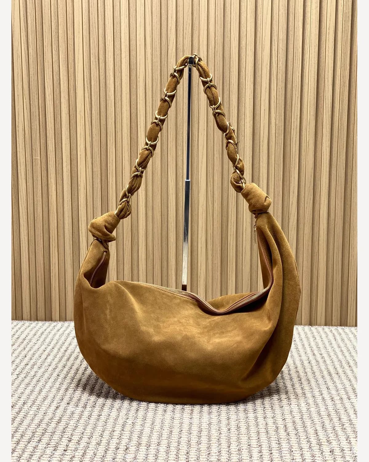 YSL Suede Crescent Hobo — Tan